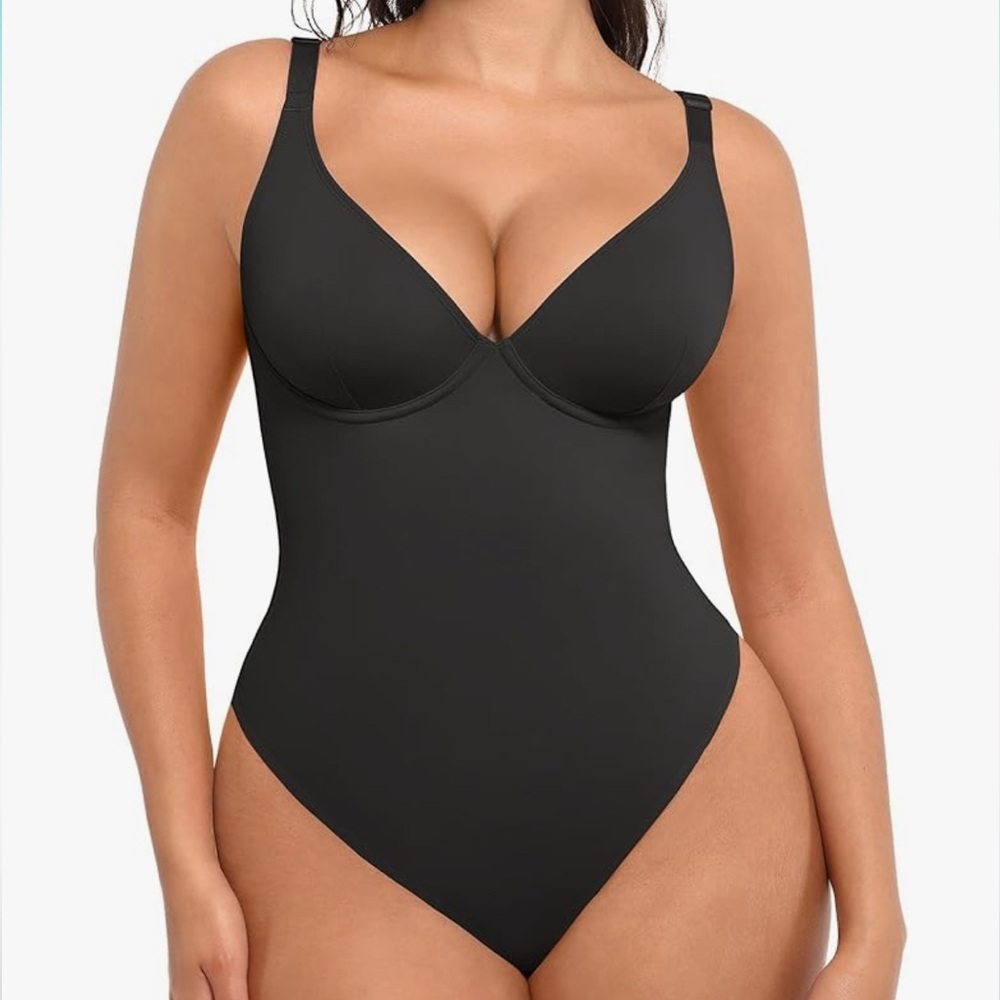 NWOT FeelinGirl Black V-Neck Underwire Thong Bodysuit w Adjustable Straps